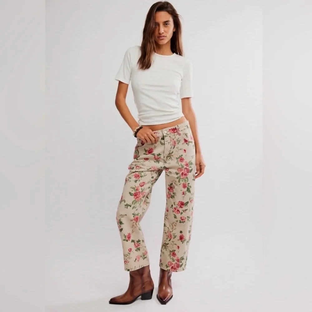Rare We the Free People Deep Trance Floral Wallpaper Barrel Wide Leg Jeans - Picture 1 of 6